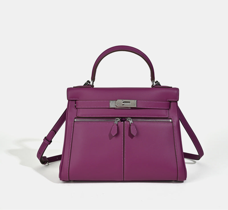Sac À Main En Cuir Véritable Minimaliste À Double Poche Et Fermeture À Clé Pour Femmes – image 2