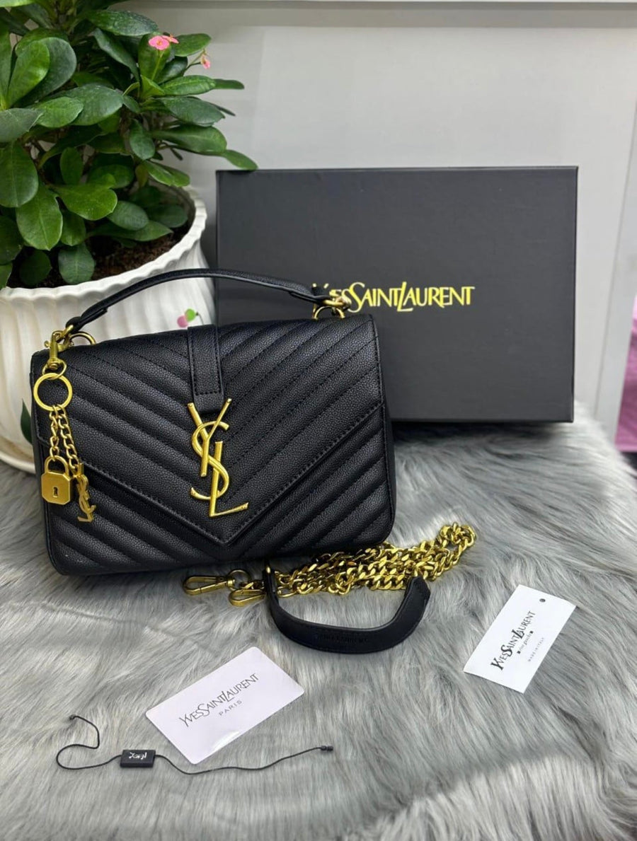 Sac Ysl Collège Medium En Semi Cuir Matelassé Noir Et Doré – image 14