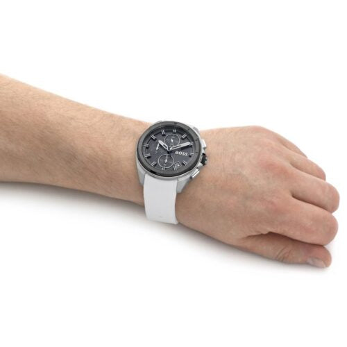 chronographe à cadran gris avec bracelet en silicone blanc – Montre Homme – image 4
